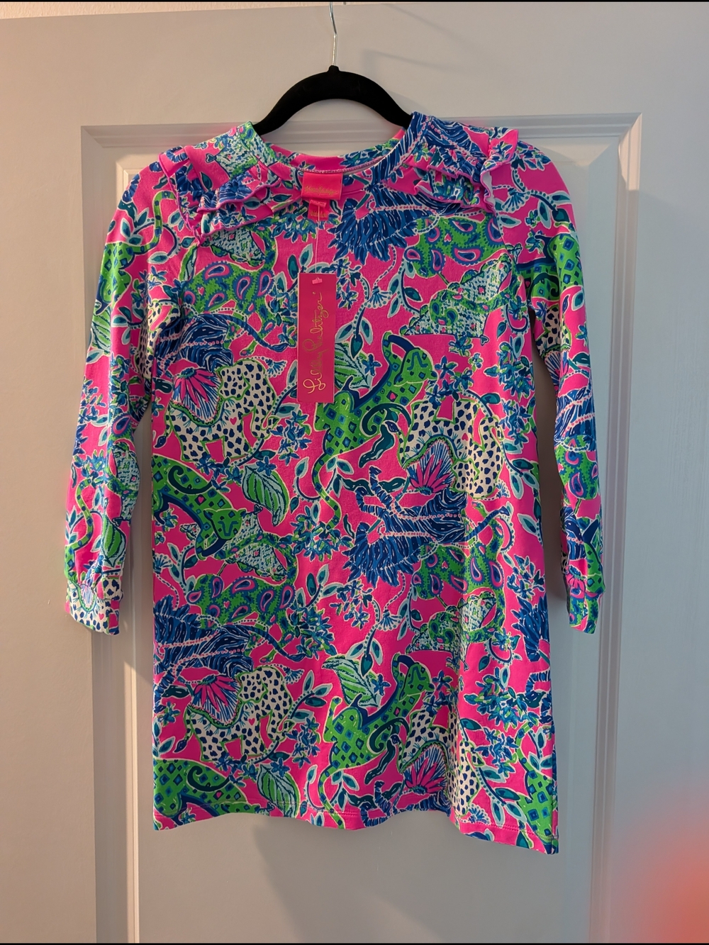 Lilly Pulitzer Neon Pink Tropical Ruffle-Trim Dress